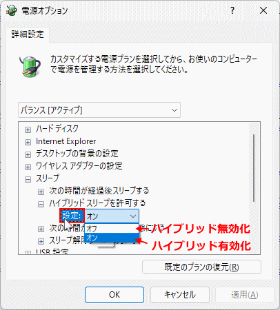 Windows11 ハイブリッド スリープの有効化/無効化を選択