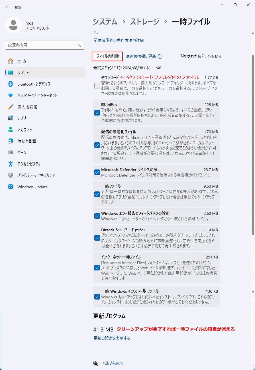 Windows11 削除する一時ファイルを選択